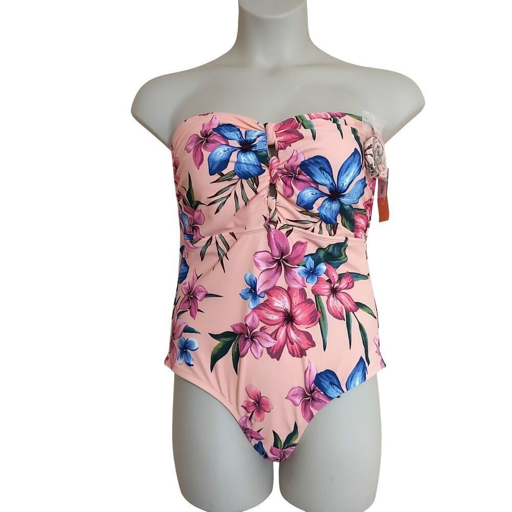 Kona Sol Pink Floral Strapless One-Piece Swimsuit